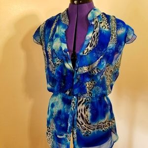 Blue/Animal Print Sheer Sleeveless Top